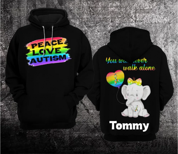 Personalized Peace Love Autism Unisex Hoodie For Men Women Elephant Autism Awareness Shirts Clothing Gifts Ht