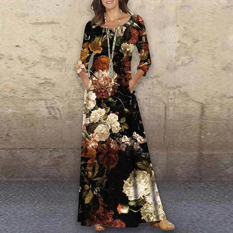 Vintage Women Floral Print Party Dresses Spring Summner New Fashion O-neck Long Sleeve Maxi Dress Elegant Ladies Pocket Vestidos alx