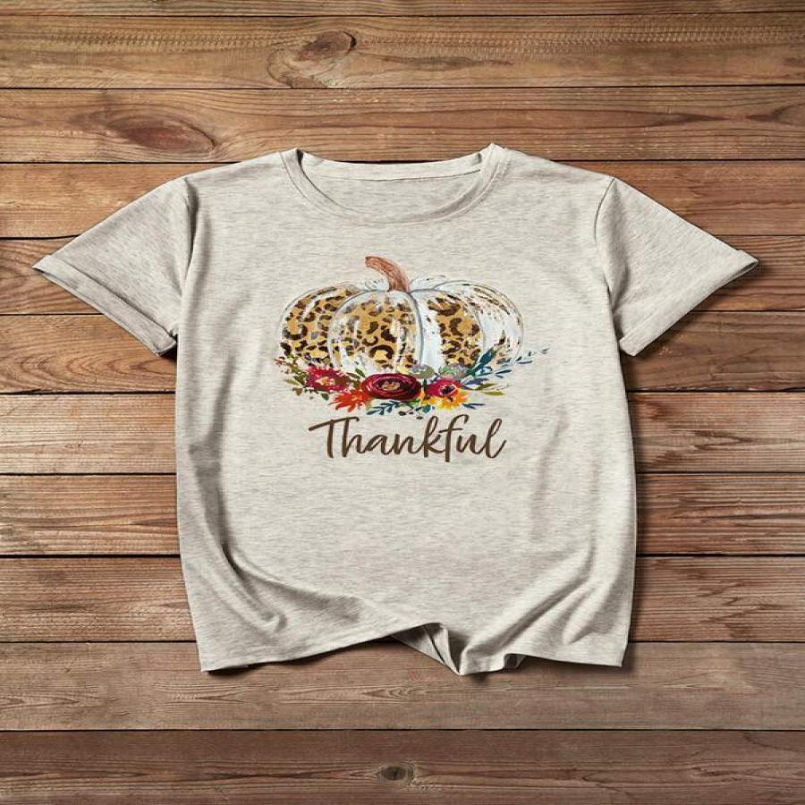 Thanksgiving Leopard Printed Pumpkin T-Shirt Tee – Beige