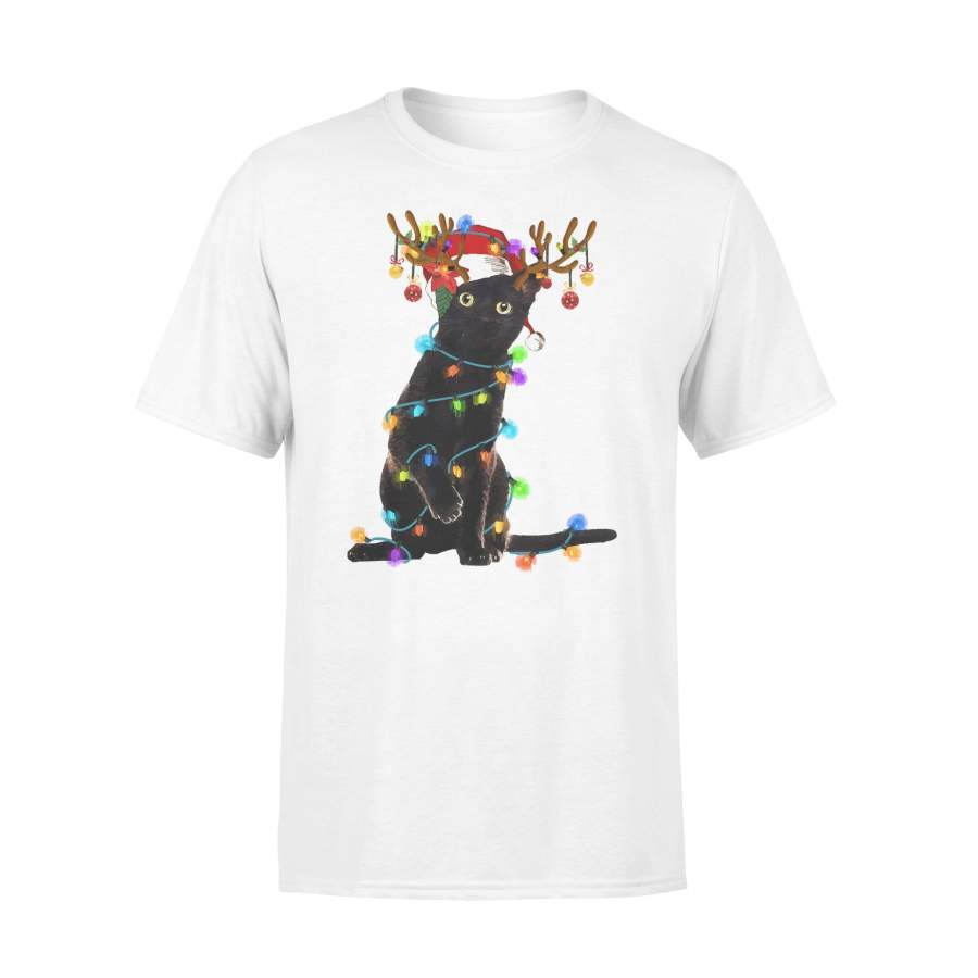 Black Cat Lover Christmas Light T-shirt