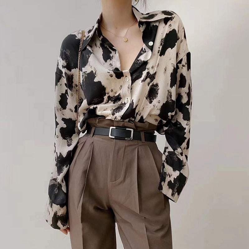 Cow Print Button Up Shirts Women Long Sleeve Blouse Korean Fashion Clothes Chiffon Streetwear Plus Size Tops Spring New 13486 alx
