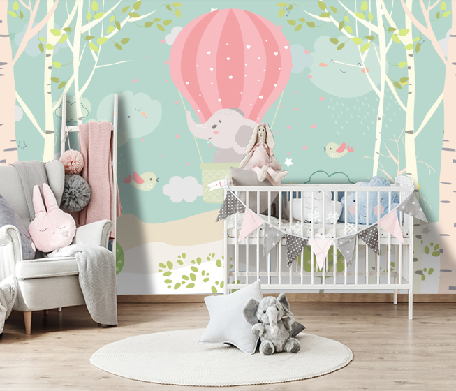 3D Cartoon Forest Hot Air Balloon Elephant Wall Mural Wallpaper Lqh 286