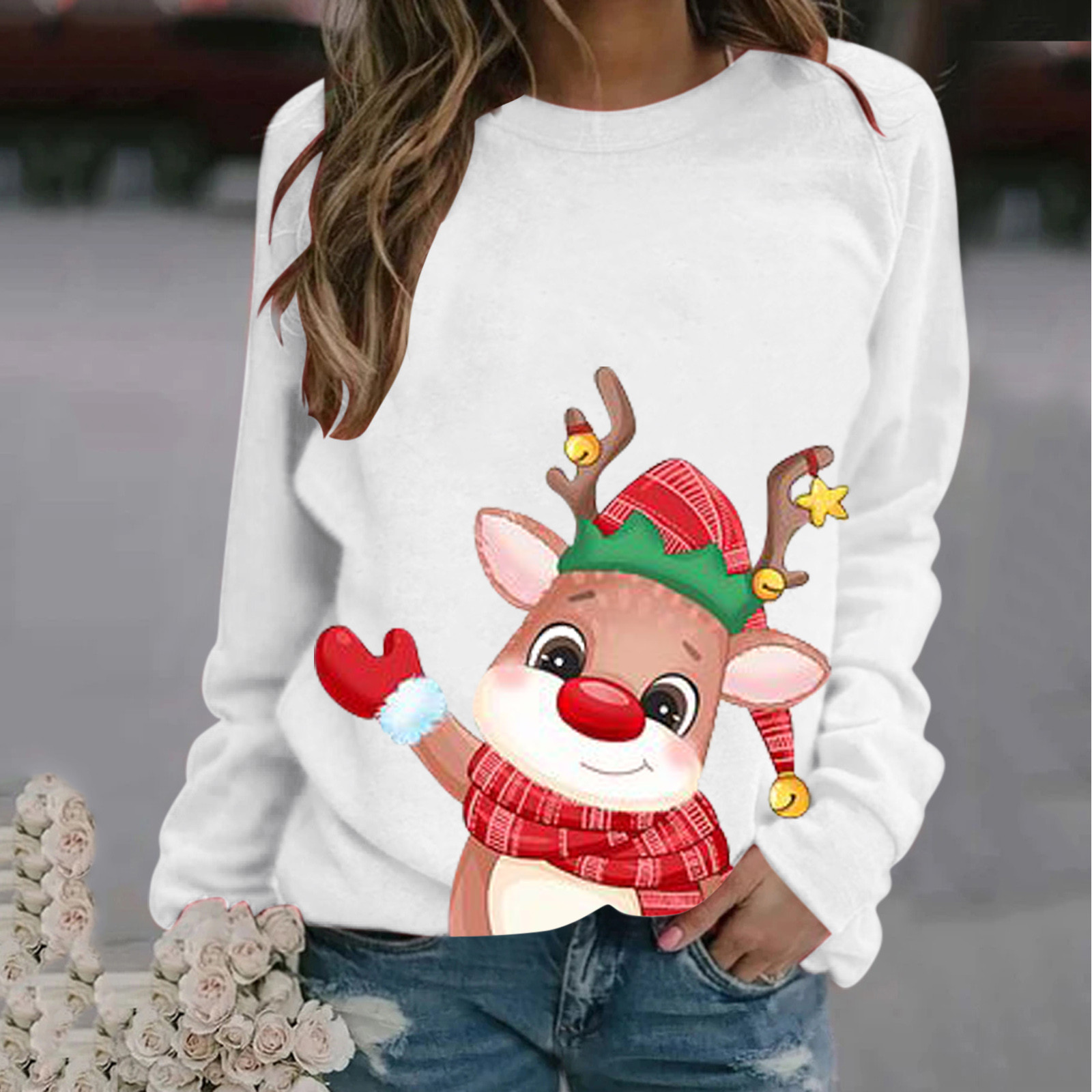 Women’s Merry Chirstmas Cute Print Outwear Tops Long-sleeved Sweatshirt Casual Blouses Temperament Pullover Warm Hoodies Women alx