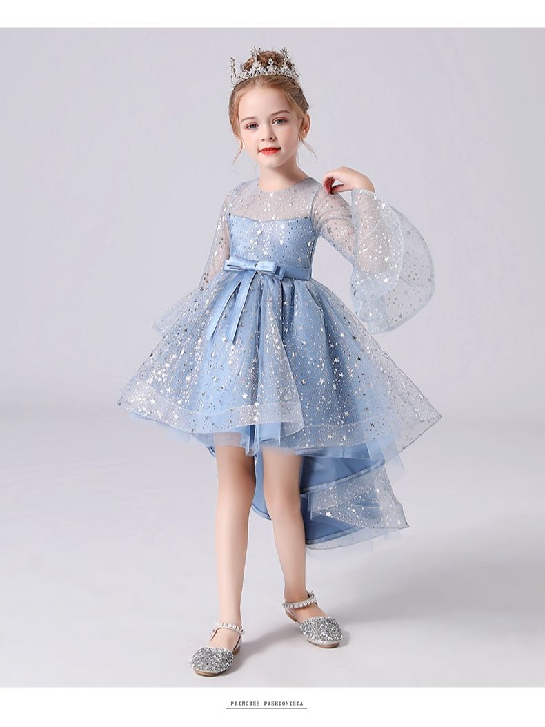 Summer Children Evening Dressess For Girl Piano Costume Irregular Style Twinkle Stars Sweep Train Skirt Princess Dress For Party alx