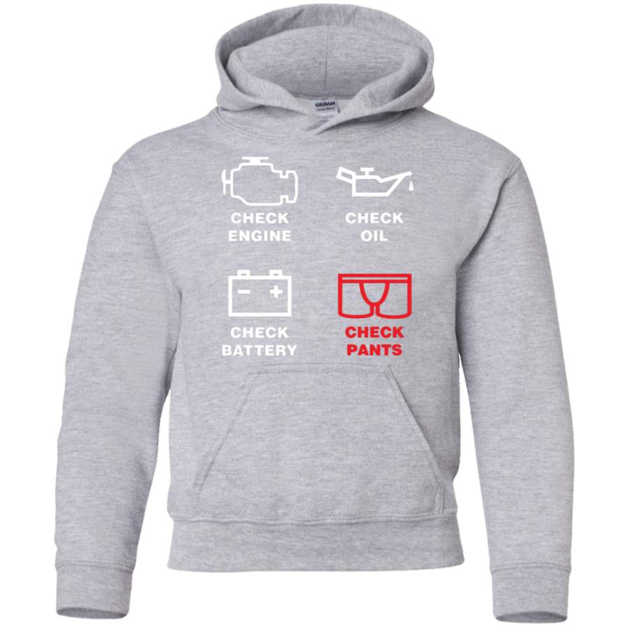 AGR Check Engine, Check Oil, Check Battery, Check Pants Youth Pullover Hoodie