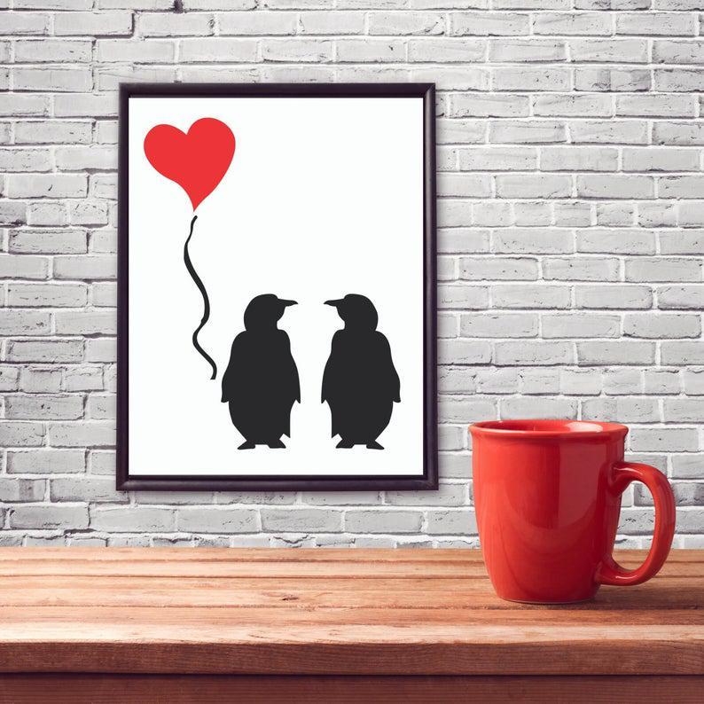 Printable Penguin Print Love Poster Digital Art Wall Art Decor Valentine’S Day Gift Love Card