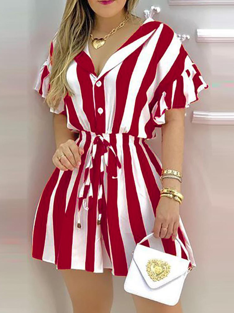 Striped Colorblock Ruffles Shirt Dress Women Short Sleeve V Neck Mini Work Dress alx