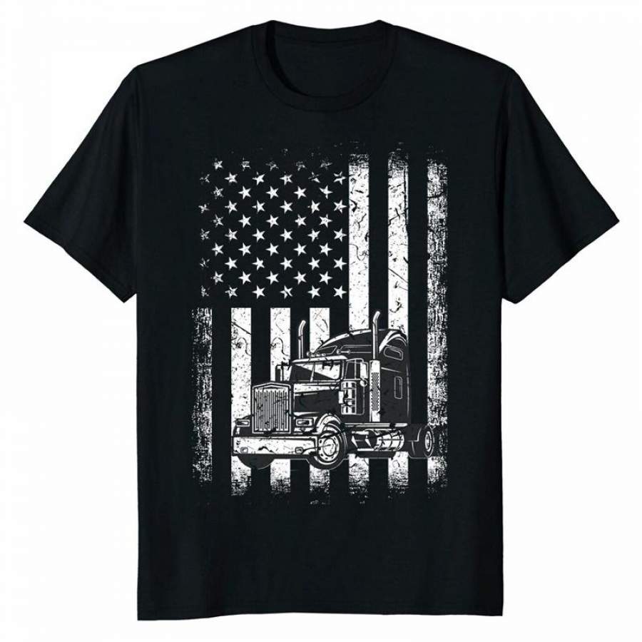 Vintage Truck Driver American Flag Trucker Graphic Mens Casual Round Neck T-shirt Short Sleeve Tops