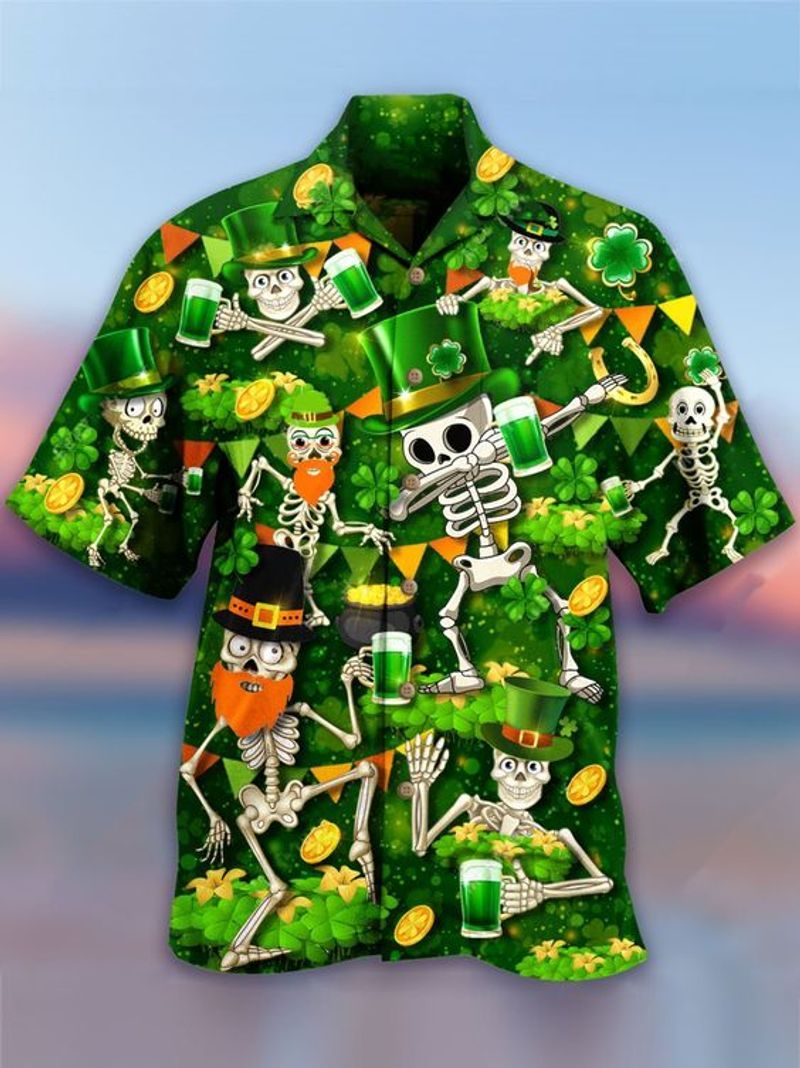 Skeleton Saint Patrick For Men And Women Graphic Print Short Sleeve Hawaii Casual Shirt Ha43119