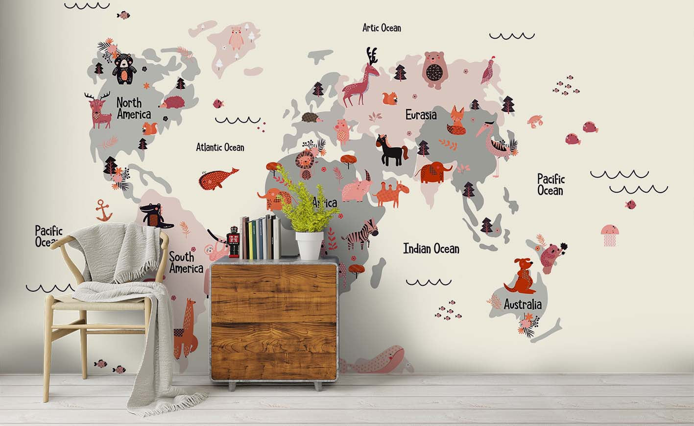 3D Animals World Map Wall Mural Wallpaper 60