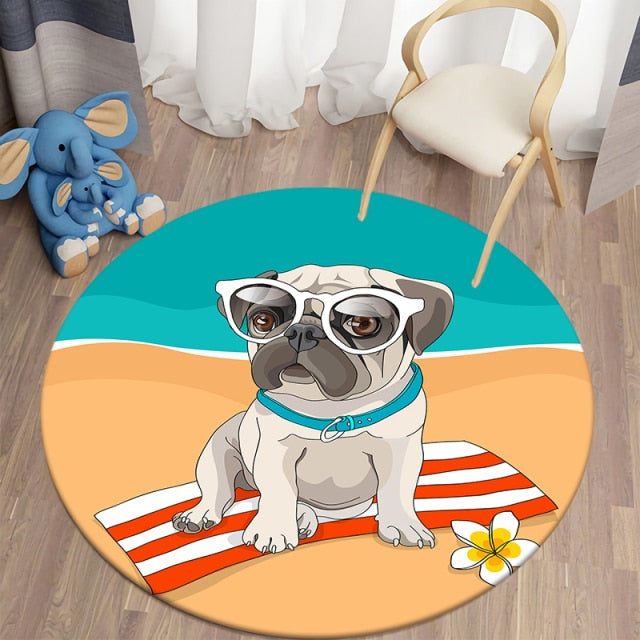 Cartoon Beach Pug Round Carpets For Children’S Room Living Room Rugs Puppy Soft Flannel Floor Area Rug