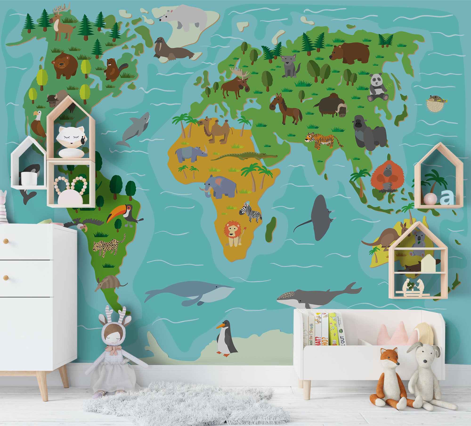 3D Green Animals World Map Wall Mural Wallpaper 39