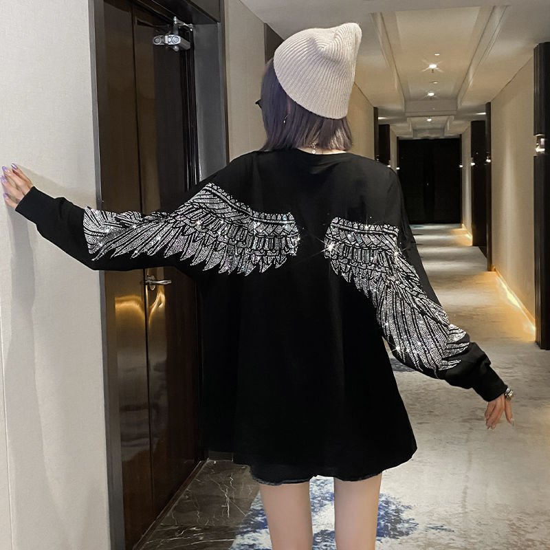 Y2K Rhinestone Pullover Women Cute Rhinestone Angel Wing Sweatshirt Korean Fashion Ladies Kawaii Autumn Winter Fall Clothes 2021 alx