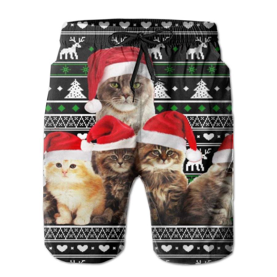 2 Pack Family Of Kittens Ugly Christmas Sweater Poster Men Swim Trunks Drawstring Elastic Waist Quick Dry Beach Shorts with Mesh Lining Swimwear Bathing Suits