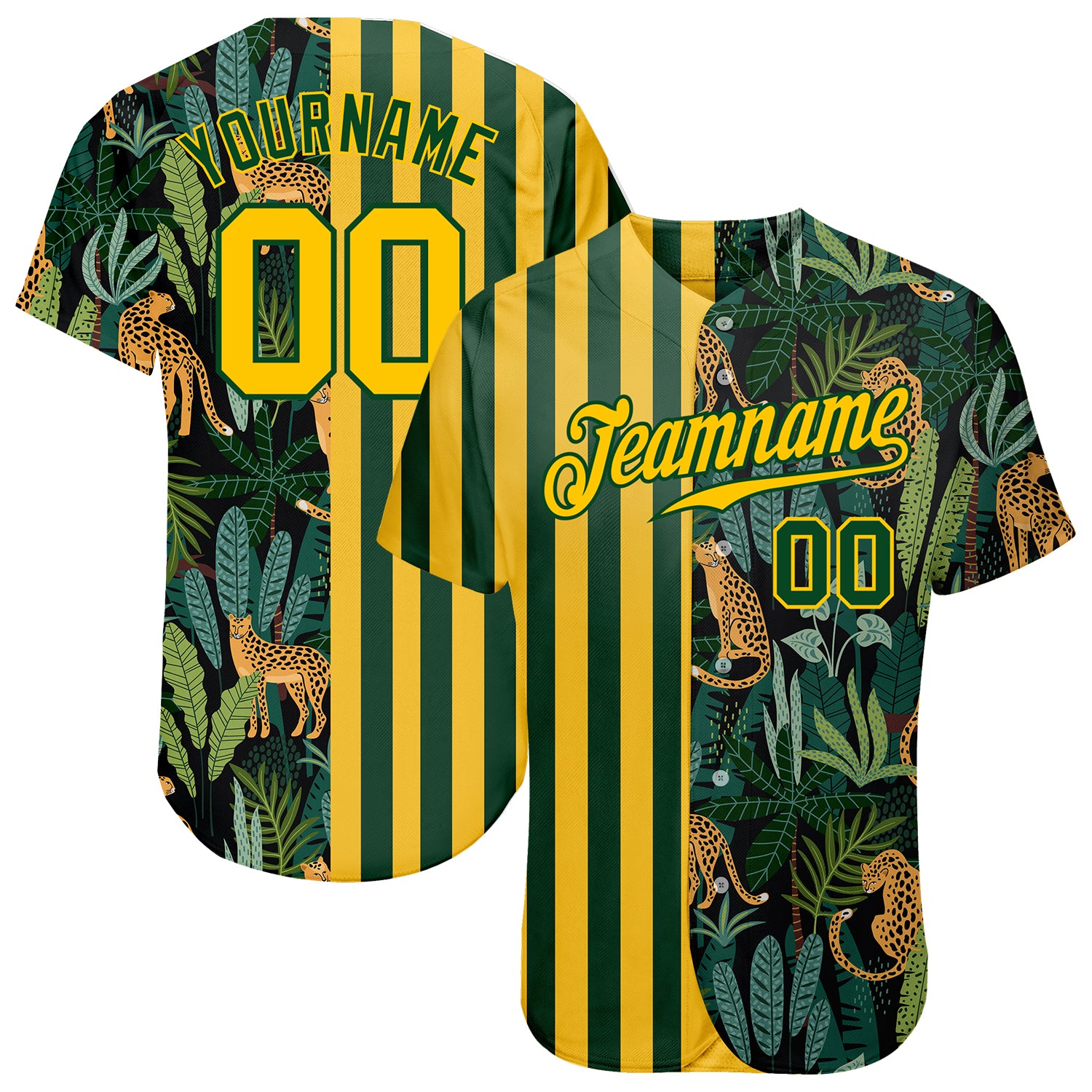 Custom Green Gold-Black 3D Pattern Design Leopards And Tropical Leaves Authentic Baseball Jersey