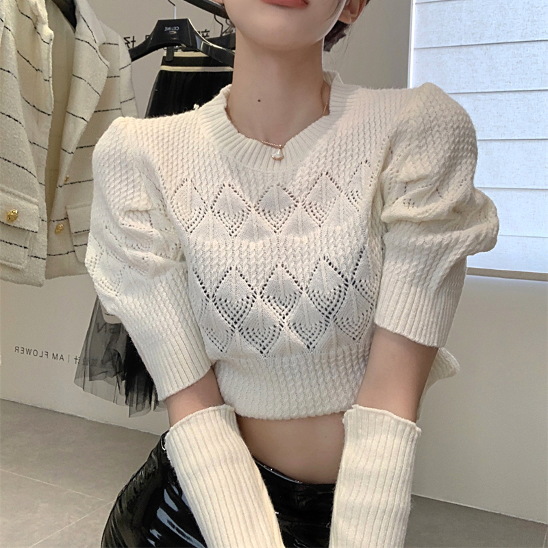 Streetwear Hollow Solid Color Casual Thin Sweater Women 2022 Autumn New Korean Fashion Sweet Knitted Crop Tops with Sleeves alx