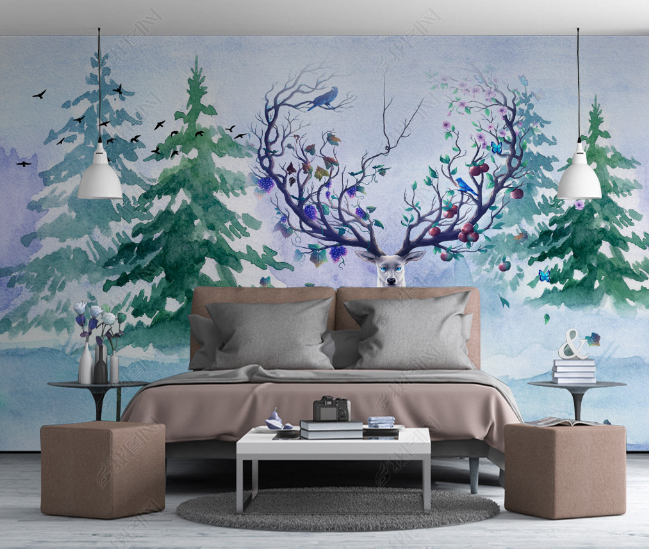 3D Watercolor Forest Animal Elk Wall Mural Wallpaper Lqh 44