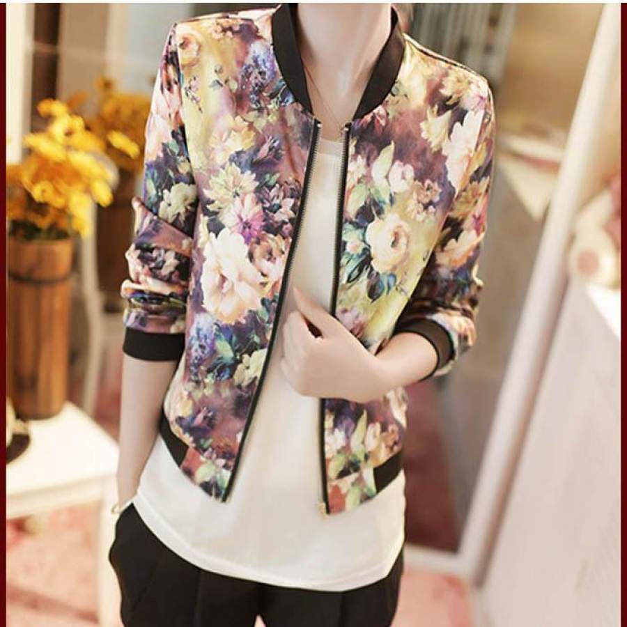 Top Flower Print Girl Plus Size Casual baseball Women Stand Collar Long Sleeve Zipper Floral Printed Bomber Jacket #YO5650