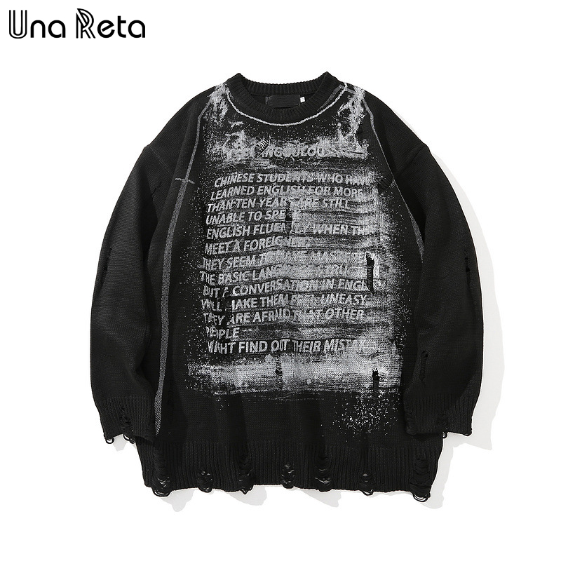 Una Reta Sweater Men New Print Streetwear Men Clothes Long Sleeve Pullover Men Pull Homme Loose Hole Couple Sweater alx