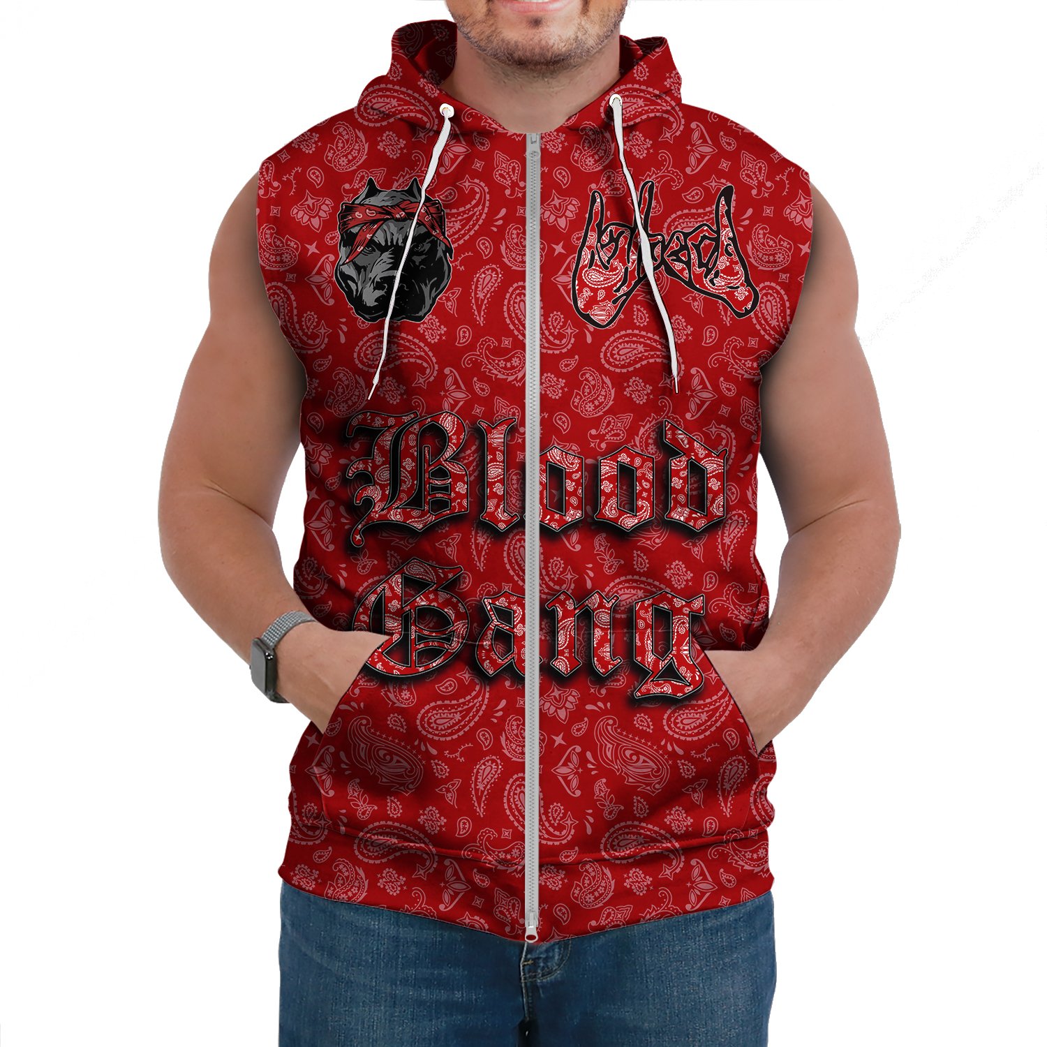 (Custom) Blood Gang Sleeveless Hoodie Red Bandana A31