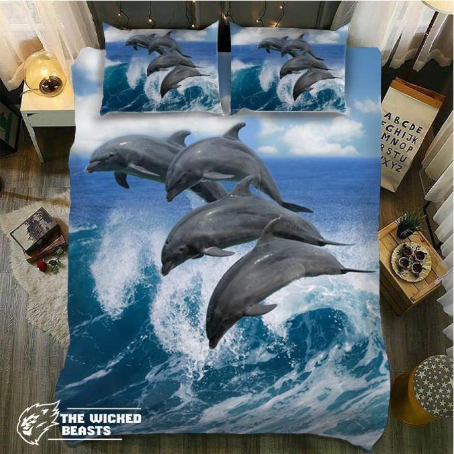 Dolphins Jumping Over Waves 3D Customize Bedding Set Duvet Cover SetBedroom Set Bedlinen