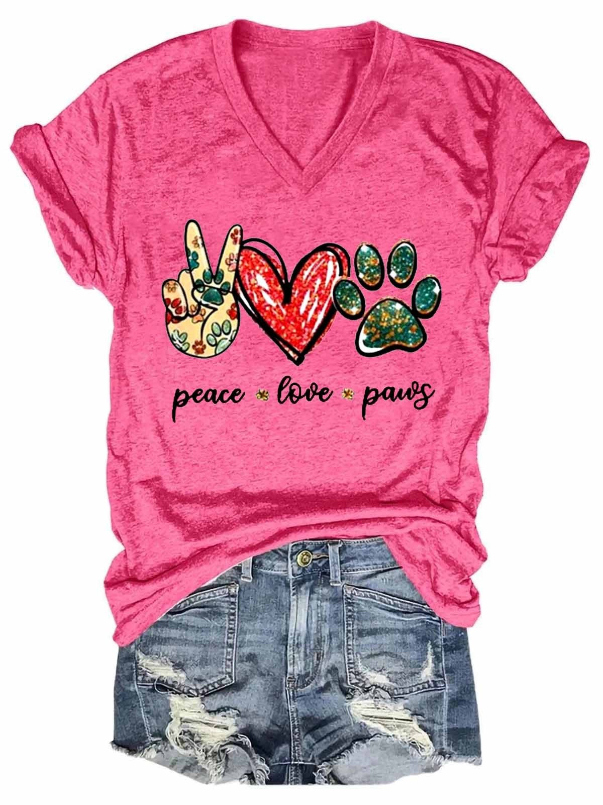 Women’S Animal,Dog,Peace, Love & Paws V-Neck Tee