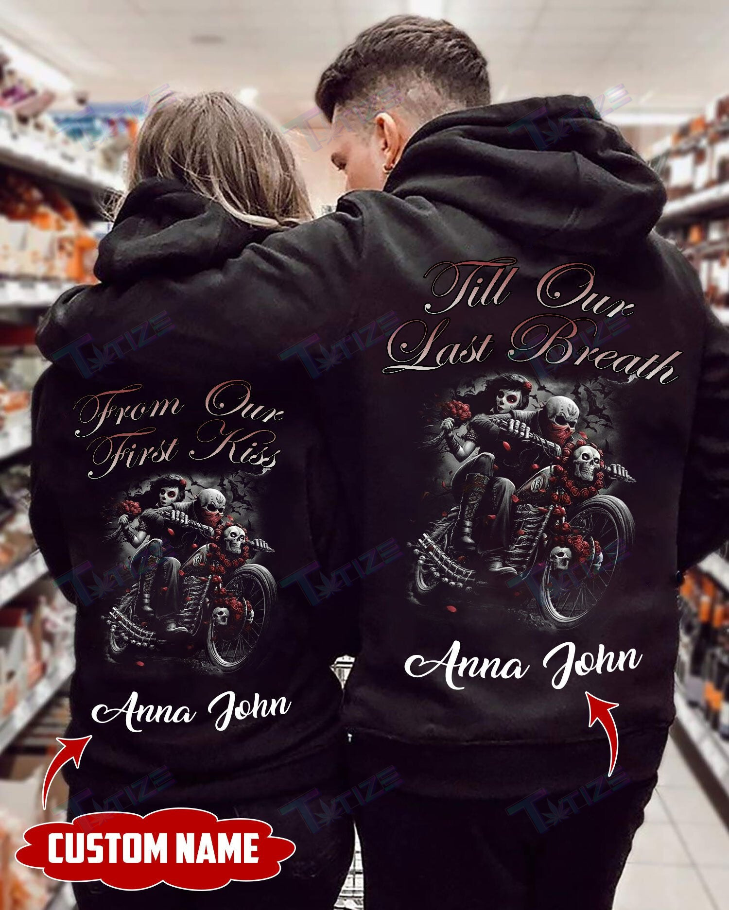 Couple Shirts – Personalized Till Our Last Breath Skull Biker Matching Couple, Valentine 2022 Gift Graphic Unisex T Shirt, Sweatshirt, Hoodie Size S – 5Xl