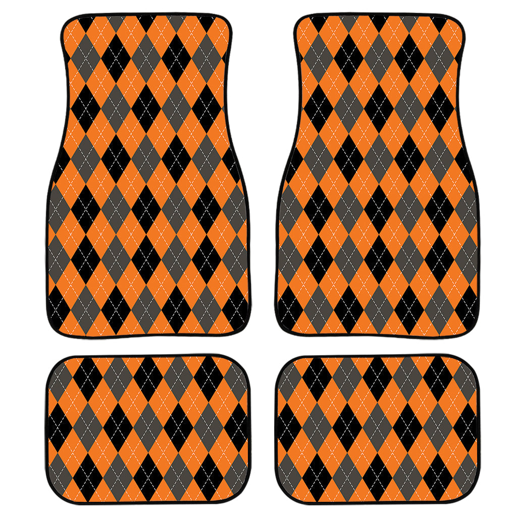 Orange Black And Grey Argyle Print Front And Back Car Floor Mats, Front Car Mat