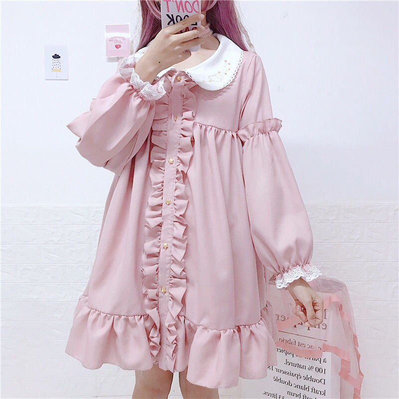 2021 Spring Autumn Dress Women Harajuku Pink Ladies Ruffle Lace Patch Kawaii Dresses Lolita Cosplay Sweet Loose Vestidos alx