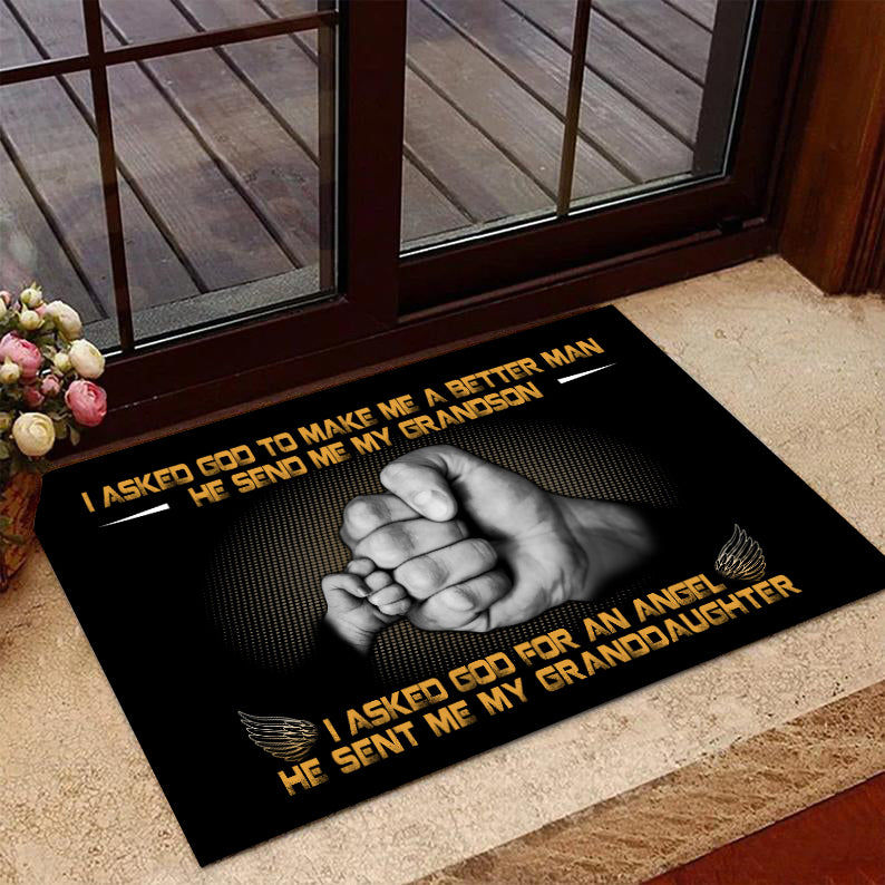 Welcome Rug, I Asked God To Make Me A Better Man He Sent Me My Grandson, Granddaughter Doormat