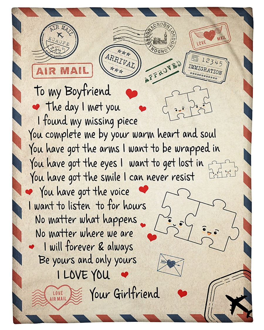 To My Boyfriend I Found My Missing Piece Air Mail Blanket Gift For Boyfriend From Girlfriend Birthday Gift Home Decor Bedding Couch Sofa Soft And Comfy Cozy