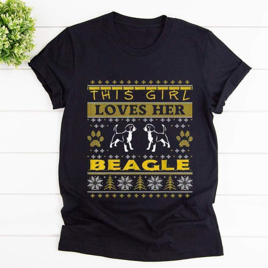 Beagle dogs ugly christmas This Girl loves her beagle dog paw merry christmas black cotton t shirt for men and women S-6XL