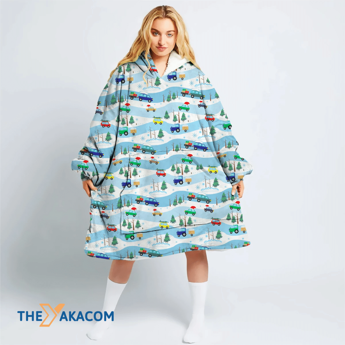Roughly Mountain With Colorful Cars Carries Xmas Gift Boxes Hoodie Blanket