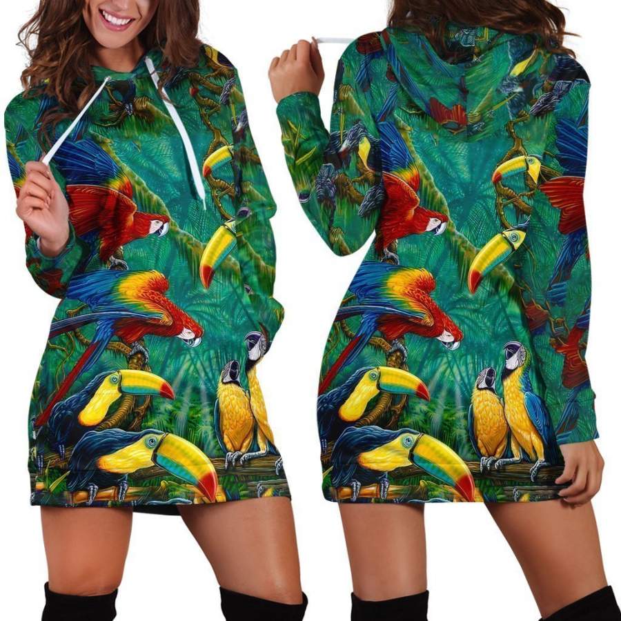 All Over Printed Parrots Hoodie Dress H211B