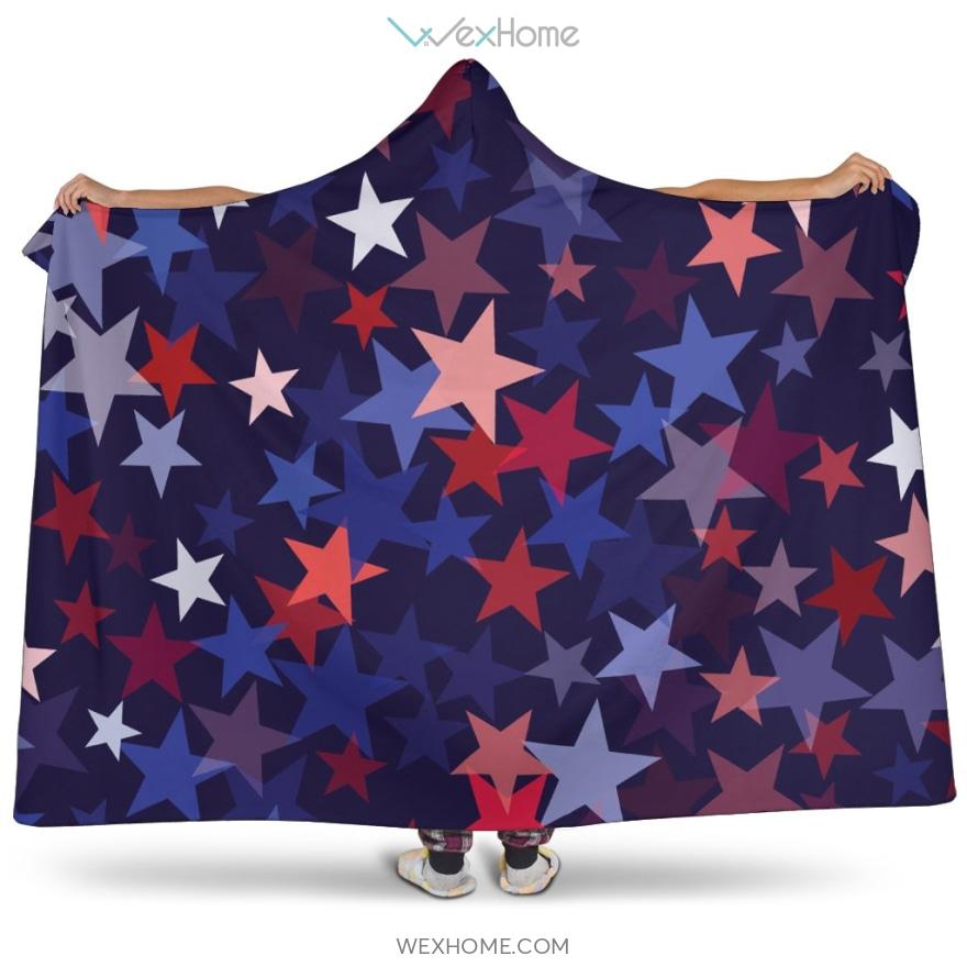 Red Blue Star Pattern Hooded Blanket