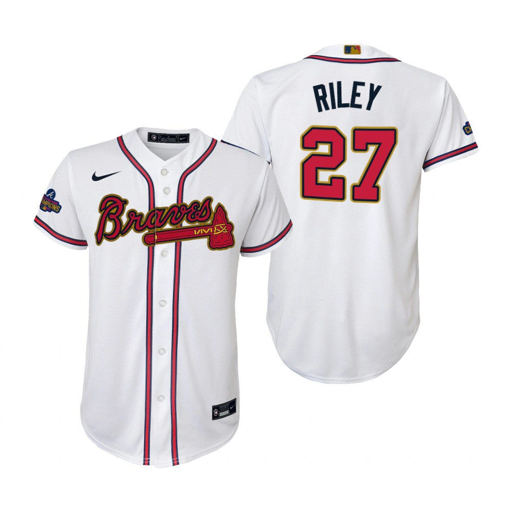 Youth Austin Riley 27 Jersey, Atlanta Braves White 2022-23 Gold Program Jersey