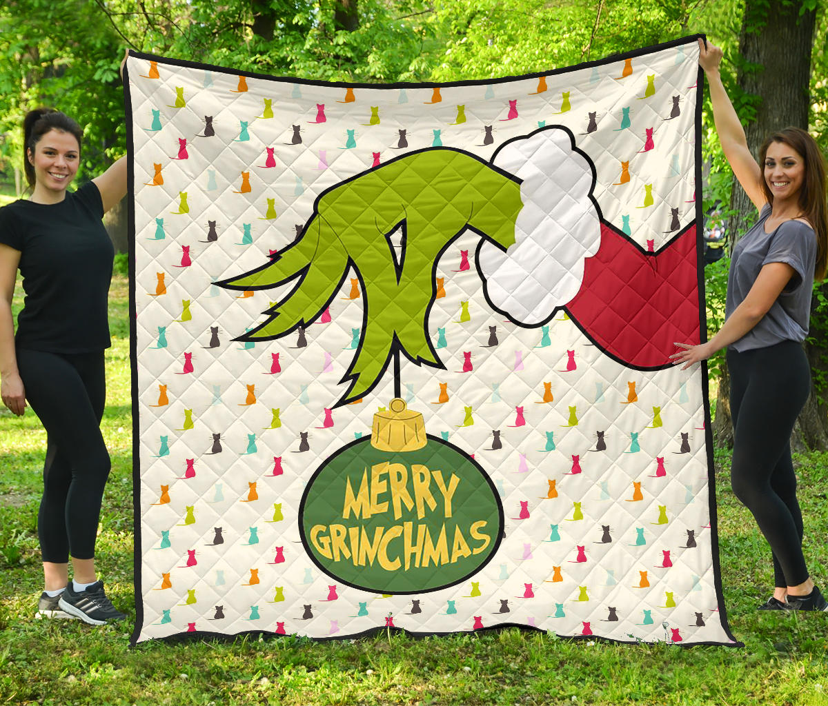 Christmas Premium Quilt | Merry Grinchmas Grinch Hand Holding Xmas Ball Quilt Blanket