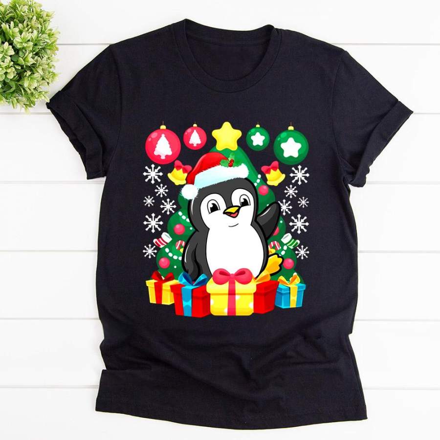 Penguin christmas gift penguin santa clasus xmas 2020 black cotton t shirt for men and women S-6XL