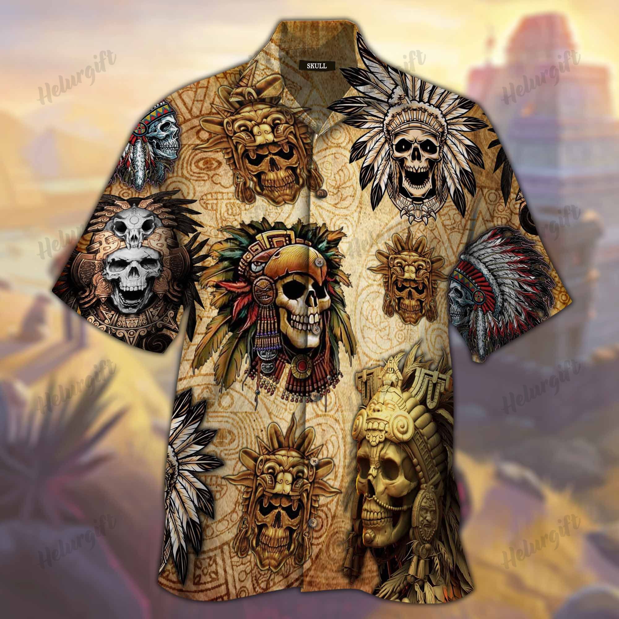 Skull Aztec Hawaiian Aloha Short Sleeve Shirt Ha82611