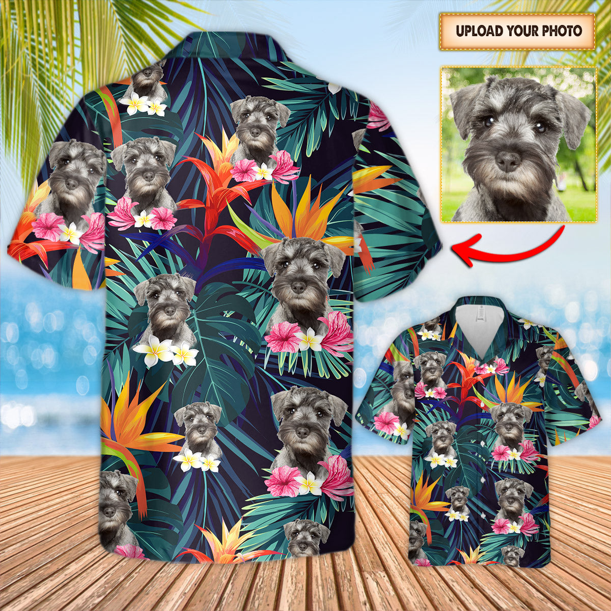 Personalized Love Miniature Schnauzers Tropical Background And Custom Photo 3D All Over Print Hawaiian Shirts For Miniature Schnauzer Lovers Ht95