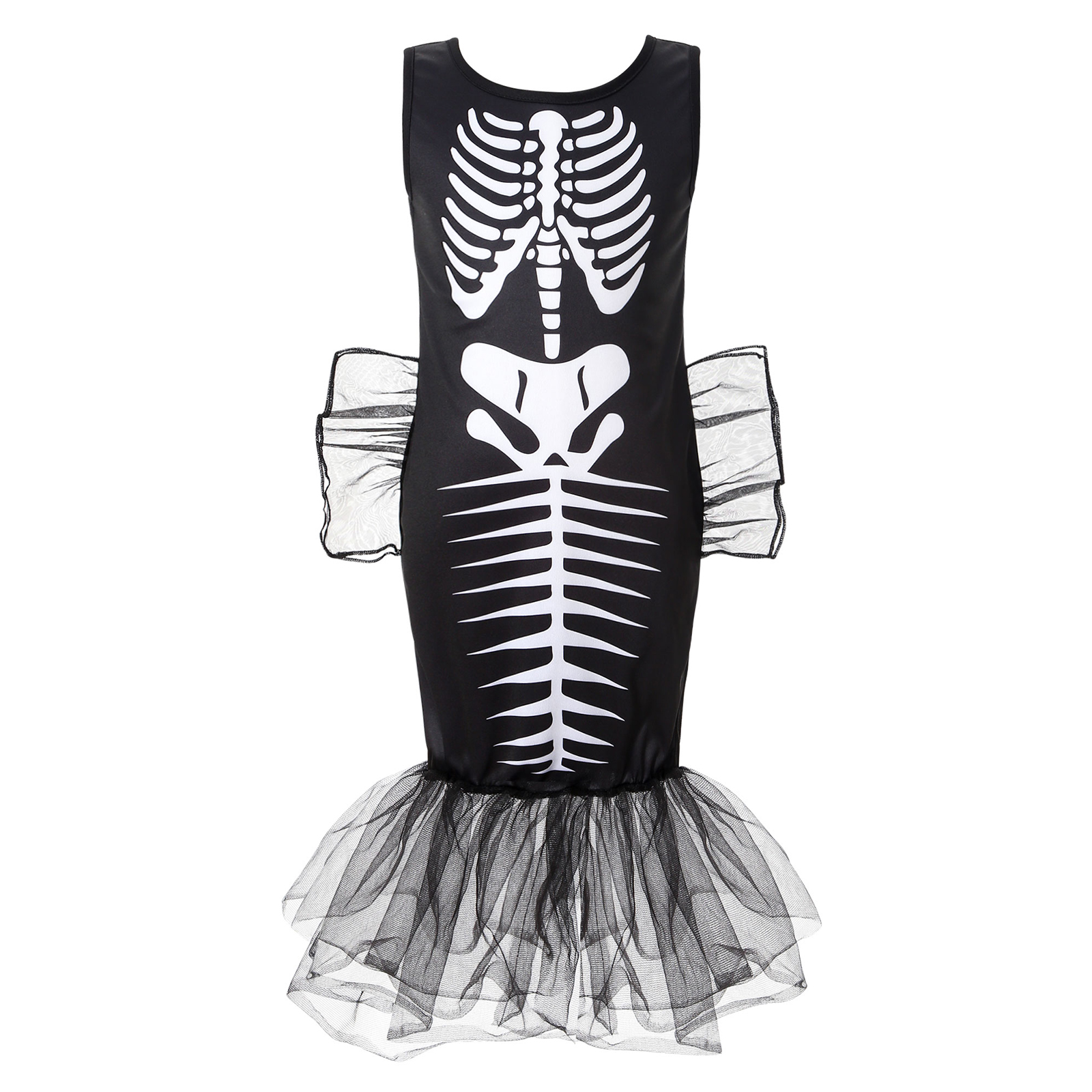 Black Kids Girls Sleeveless Skeleton Print Mesh Ruffle Hem Mermaid Tail Dress For Halloween Cosplay Role Play Party Dress Up alx