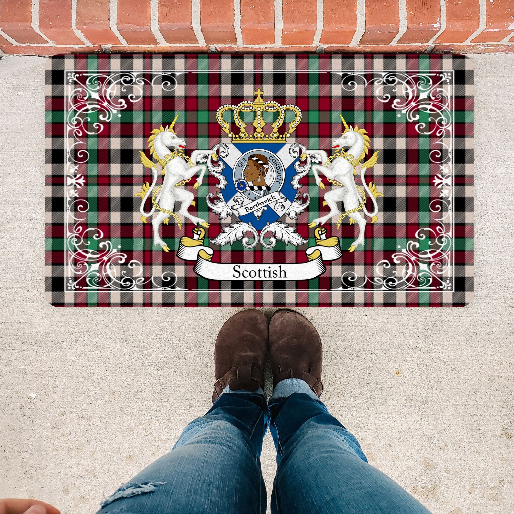 Scotstee Shop Tartan Door Mat Borthwick Ancient Clan Badge Tartan Scottish Plaid Doormat, Christmas Door Mat