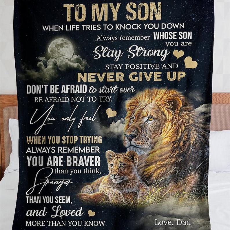 To My Son Blanket From Dad,Stay Strong Lion Blanket Cozy Premium Fleec Fleece Blanket, Blanket Sofa Bed, 3D Blanket