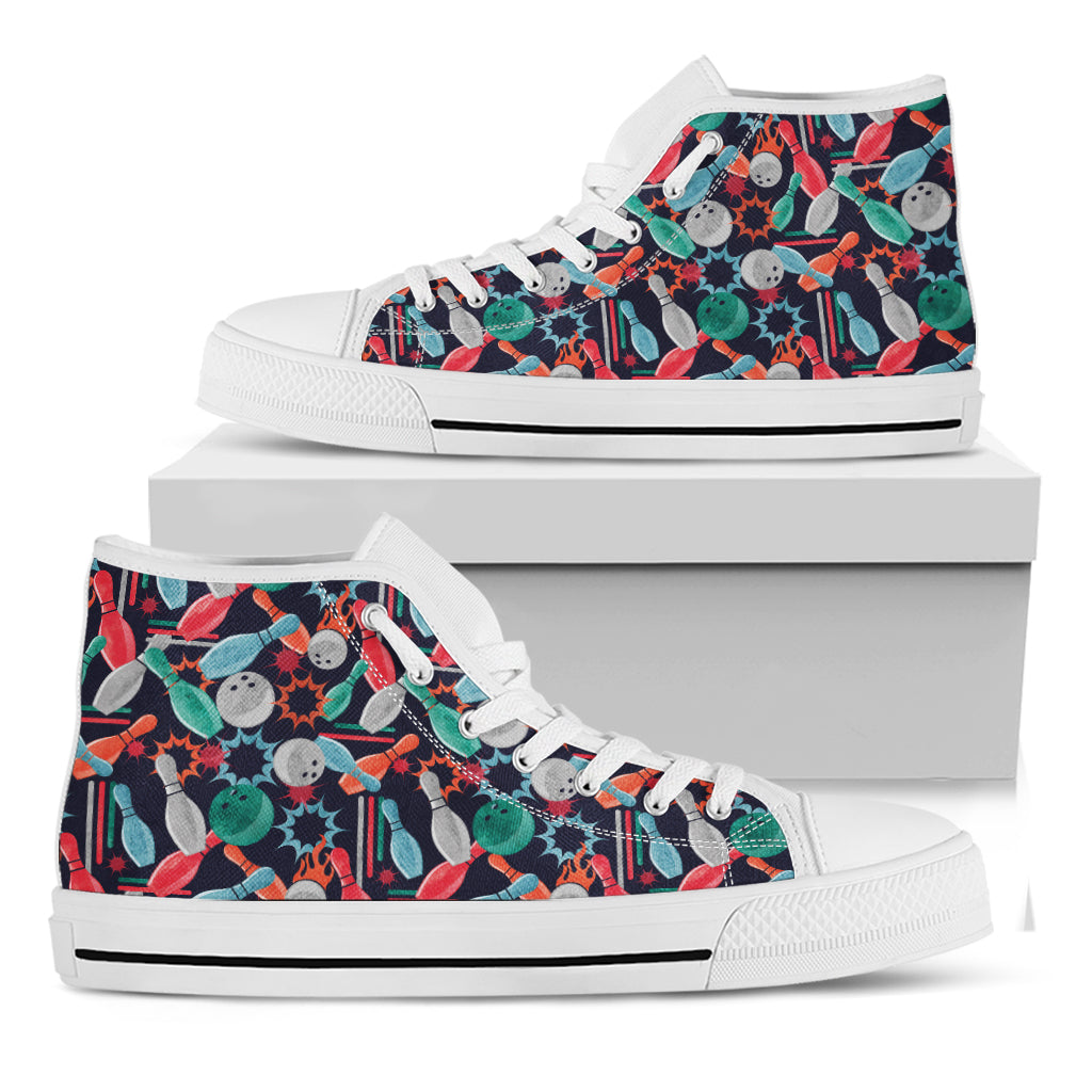 Watercolor Bowling Theme Pattern Print White High Top Shoes