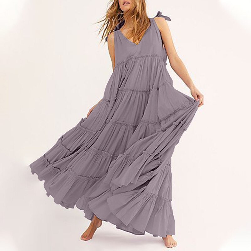 Bohemian Ruffle Dress Women’s Summer Sundress ZANZEA Casual Spaghetti Strap Tank Vestidos Female V Neck Beach Robe alx