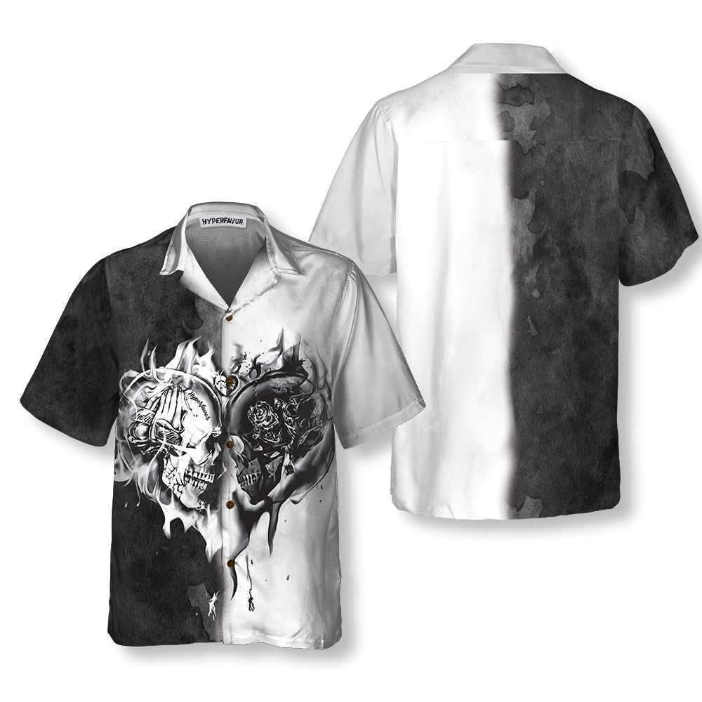 Skull Heart Flame Hawaii Black And White Shirt For Men Women Ha57193