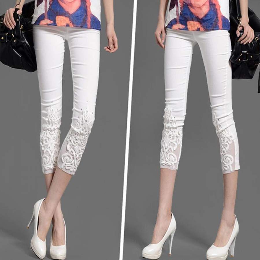 Women Lace Pants Crochet Rhinestone Skinny Stretch Cropped Crochet Lace Diamond Leggings Capris Pants Summer Plus Size S-4XL