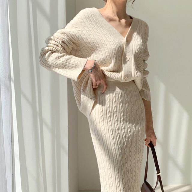 Autumn Winter Knitted Two Piece Set Women Long Sleeve Sweater Cardigan Coat + Bodycon Skirts Sets Korean Fashion 2 Piece Suits alx