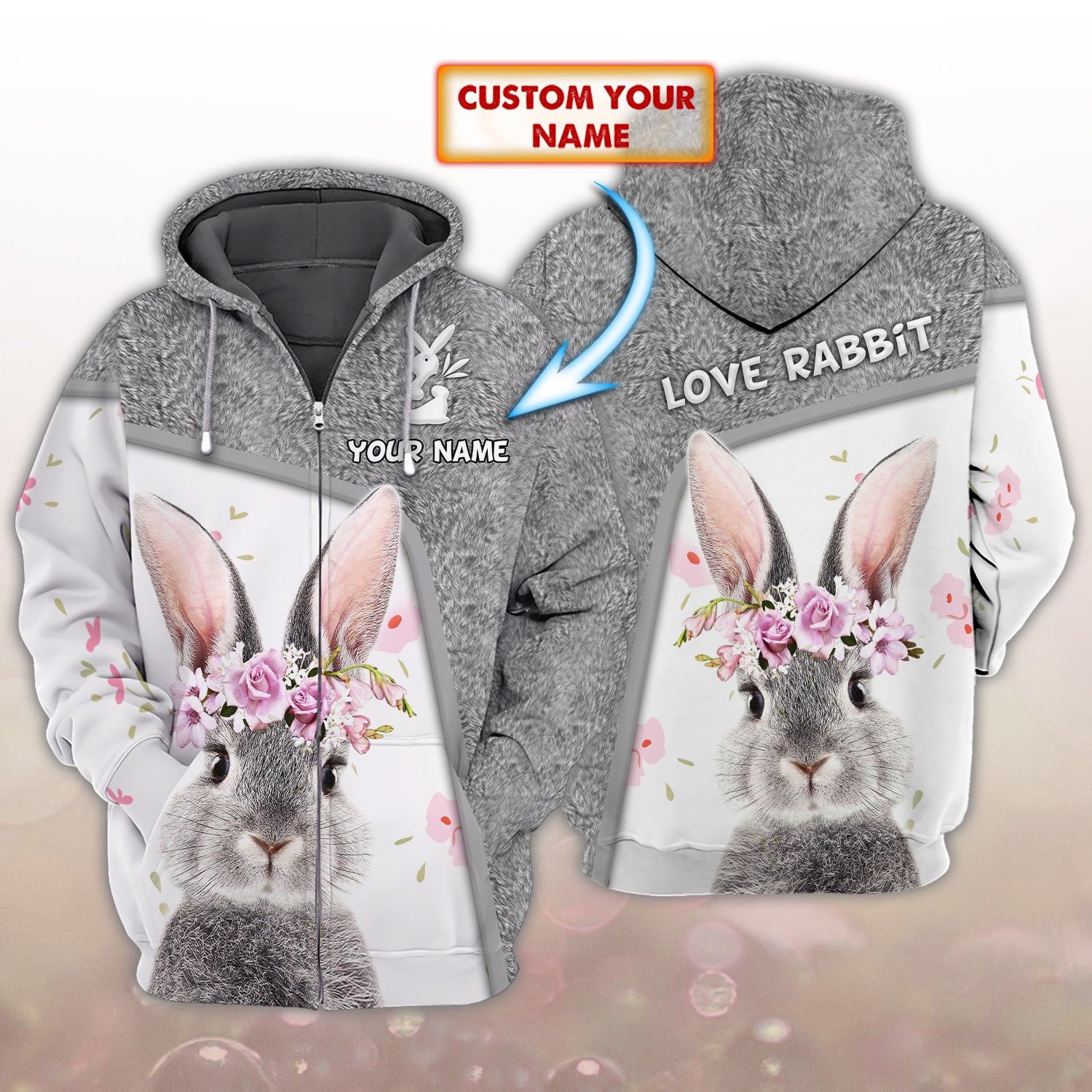 Love Rabbit – Personalized Name 3D Zipper Hoodie – Qb95