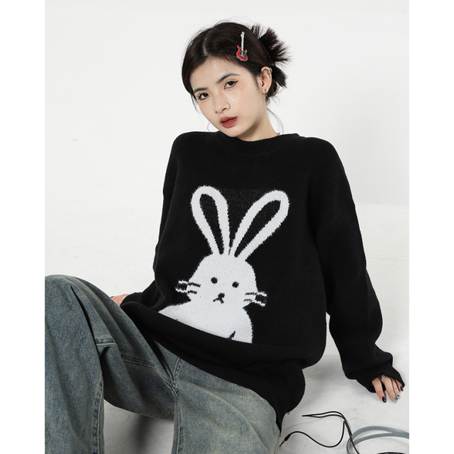 Women Red Sweater Cartoon Fashion Vintage Leisure Lazy Wind Loose Winter Female Thicken Warm Long Sleeve Knitting Pullover alx